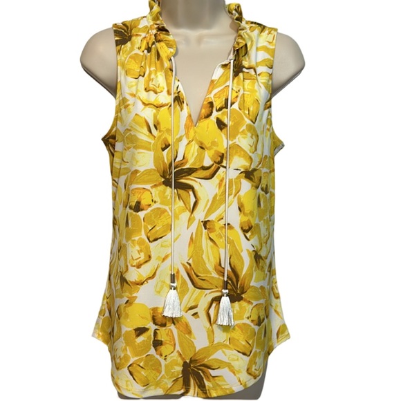 White House Black Market Tops - WHBM Yellow Floral Sleeveless Ruffle Neck Blouse